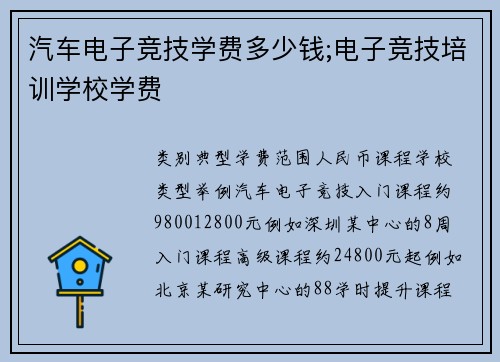 汽车电子竞技学费多少钱;电子竞技培训学校学费